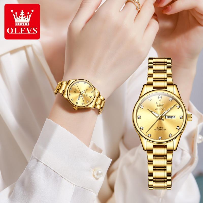 

OLEVS Роскошные золотые кварцевые часы для женщин из нержавеющей стали, водонепроницаемые, светящиеся, с датой и неделей, женские часы, элегантные женские наручные часы золотой