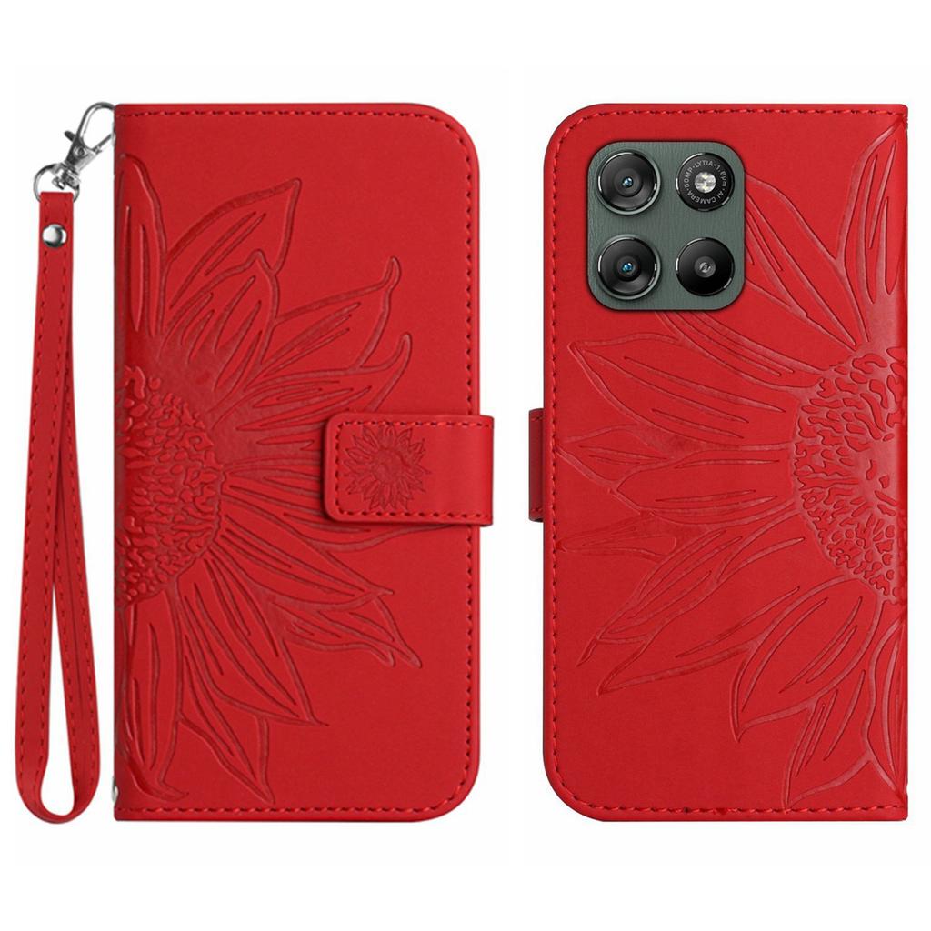For Motorola Moto G67 Power 5G Case Sunflower Imprint Leather Wallet Phone Cover with Wrist Strap