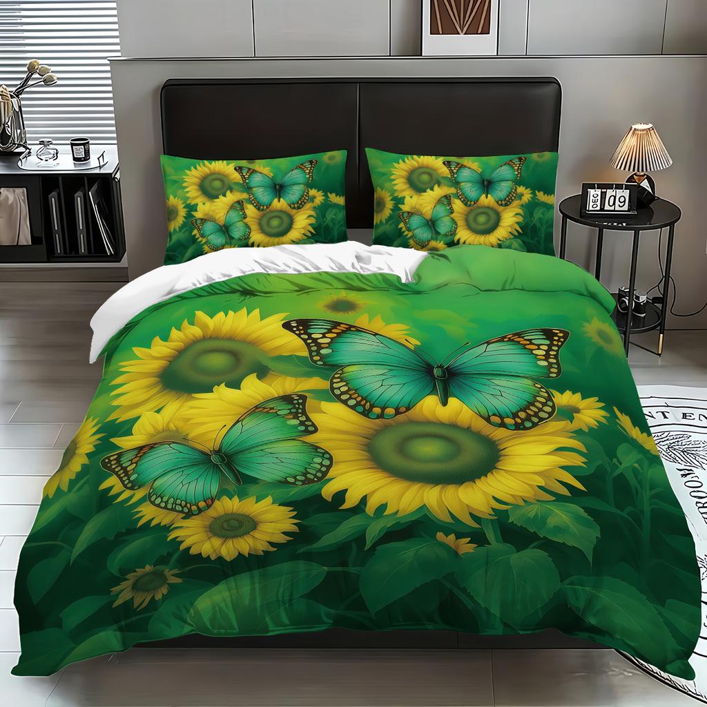 Dreiteilige Sonnenblumen-Bettwäsche mit Sandfinish, Blumendeckenbezug, Digitaldruck-Bettwäscheset