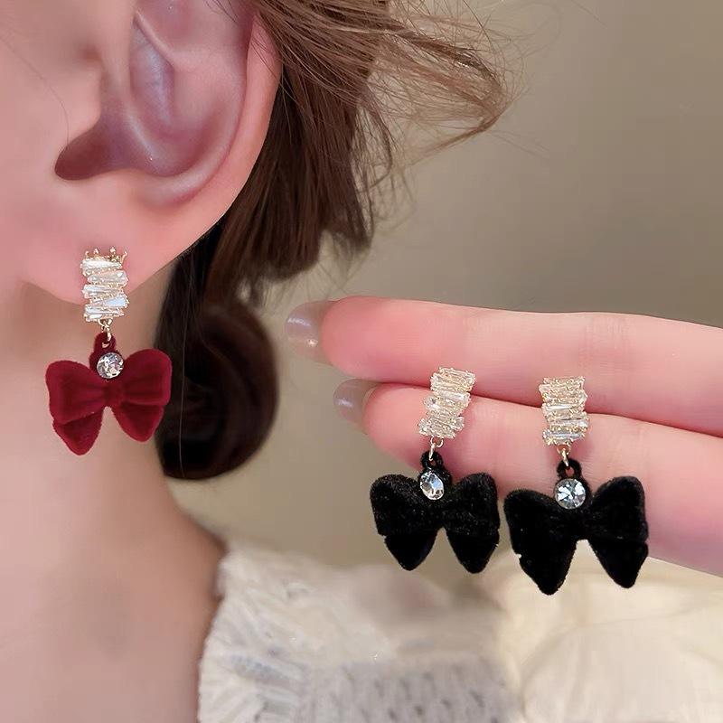 French Retro Red Flocking Bow Earrings for Women - Festive, Versatile Studs for New Year.