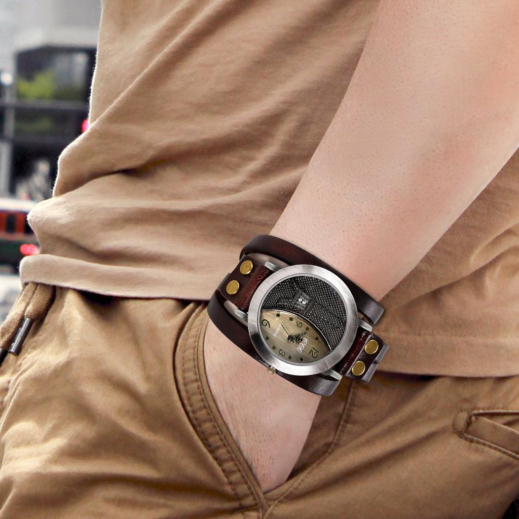 JewelryWe Antique Eiffel Tower Design Leather Analog Quartz European Punk Brown Watch, 4-Way Display, Band, Display, Movement, Style, Unisex,