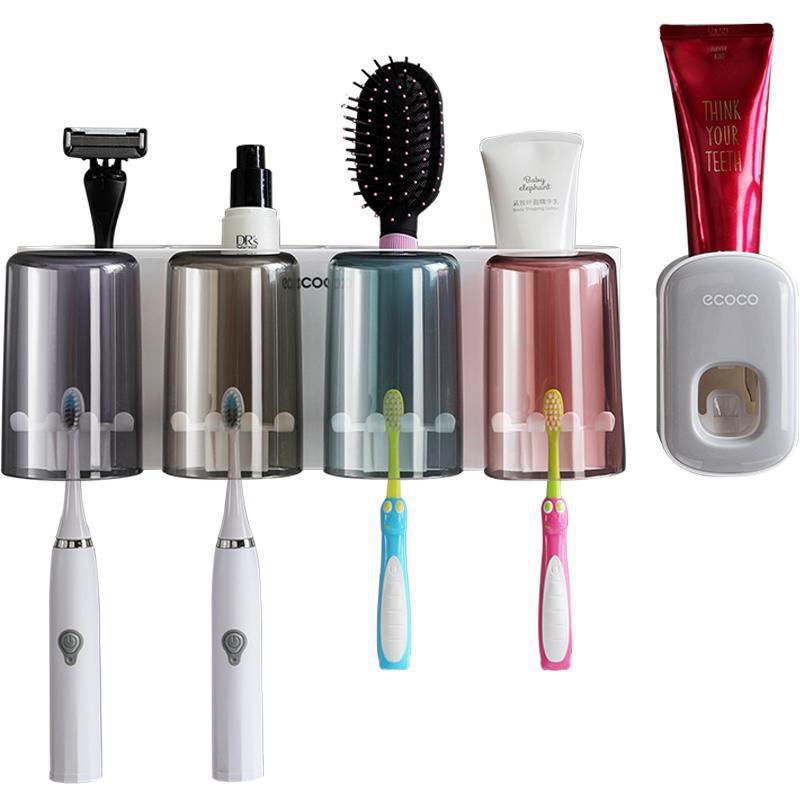 Ecoco Wall-Mounted Toothbrush Holder & Automatic Toothpaste Dispenser with Mouthwash Cup