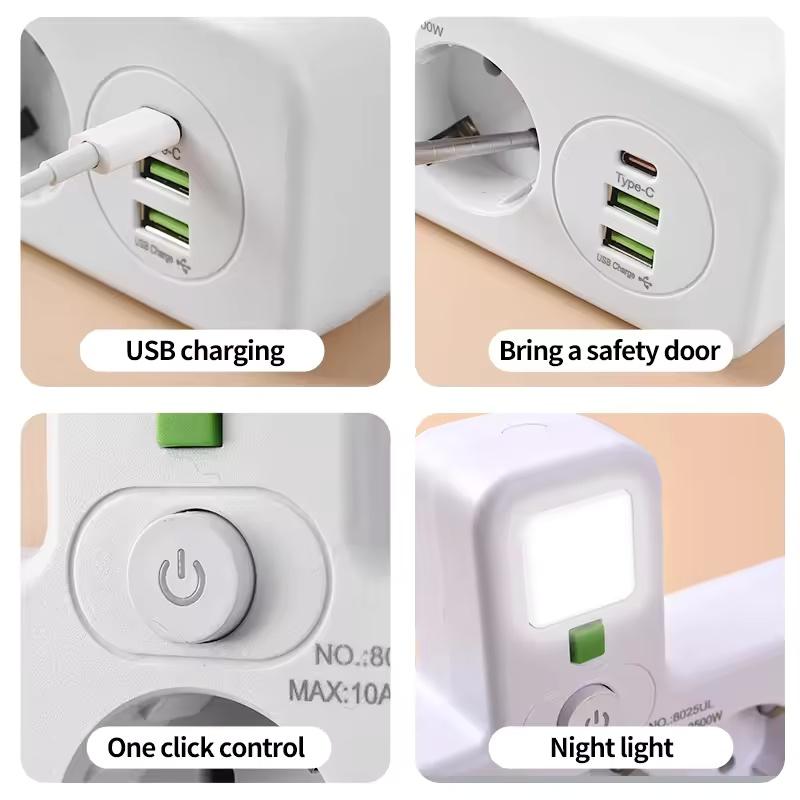EU Power Strip - AC Sockets, USB & Type-C, 2 Versions Available, Individual Switches + Small Night Light