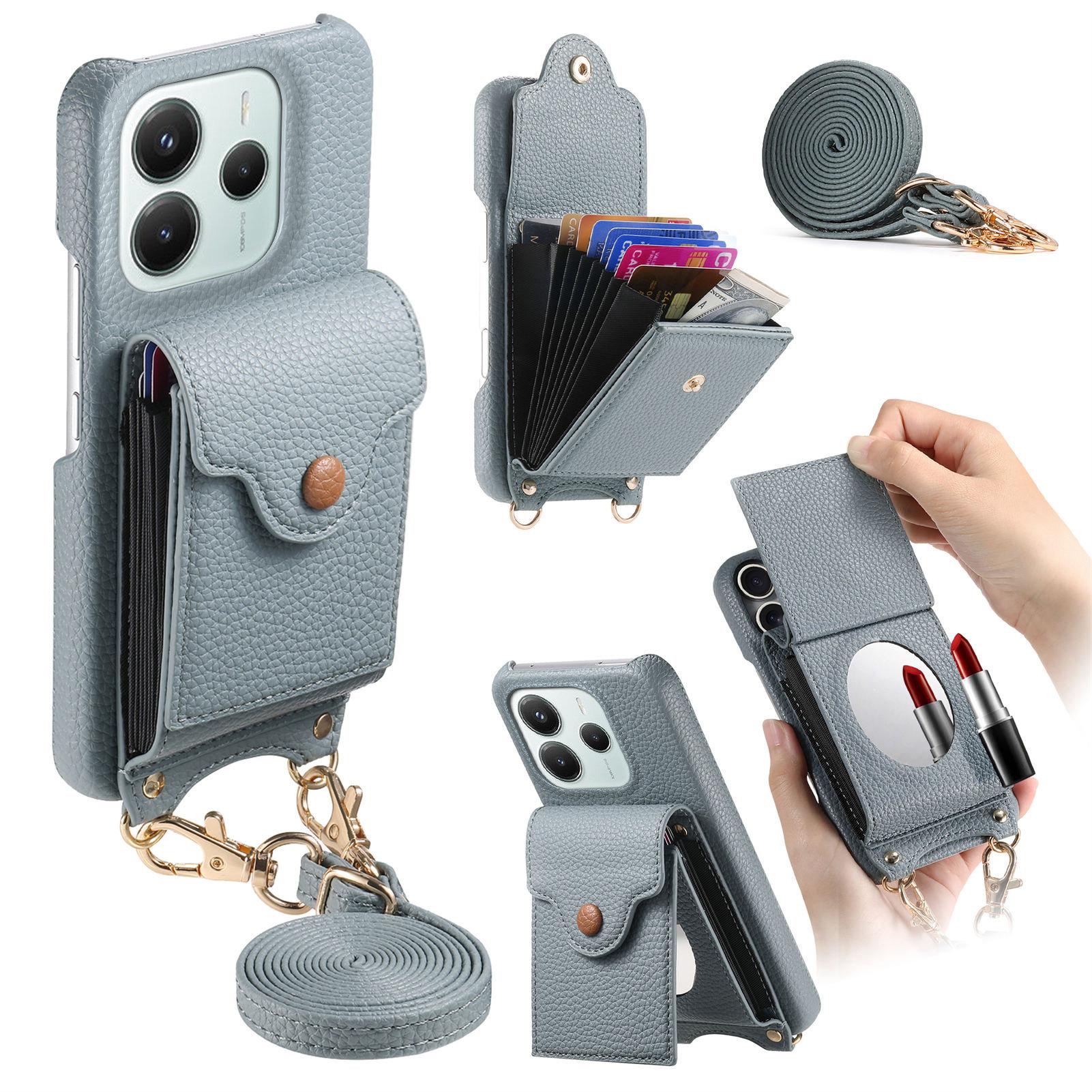 

For Xiaomi Redmi Note 14 4G (163.25x76.55x8.16mm) Case Mirror Card Holder Litchi Texture Leather Phone Back Cover with Long Strap Light Blue