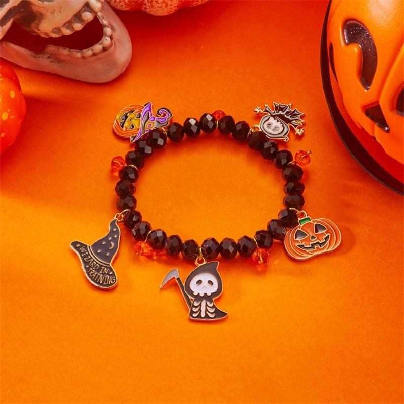 Halloween Wraith Pumpkin Bat Alloy Bracelet Lightweight Jewelry Beaded Wrist Chain Bangle For Women And Girls