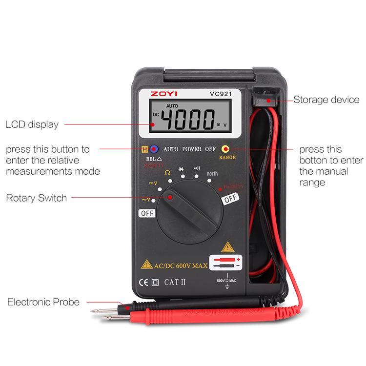 ZOYI VC921 Automatisch messbereichswählendes Taschen-Digitalmultimeter mit Kapazitäts- & Frequenzmessung