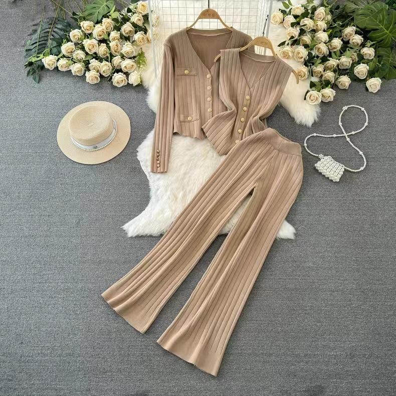 Fashion Suit Women's Korean Version Long-sleeved V-neck Single-breasted Knitted Jacket Three-piece Vest High-waisted Straight-leg Wide-leg Pants