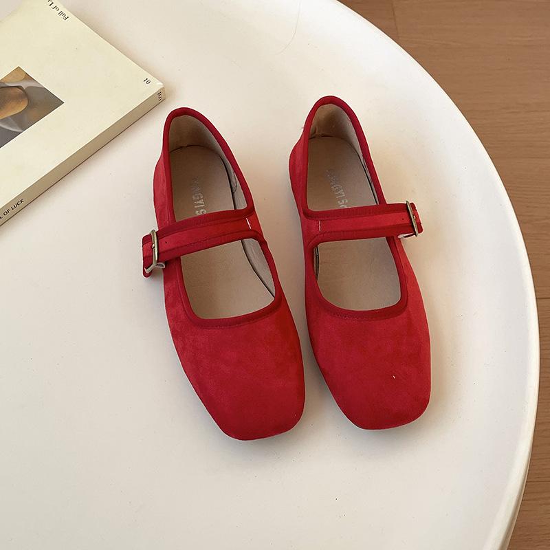

Korean version of round head light mouth shoes suede ballet shoes 2025 spring buckle belt Mary Jane flat bottom evening shoes ladyshoes 35 червоний