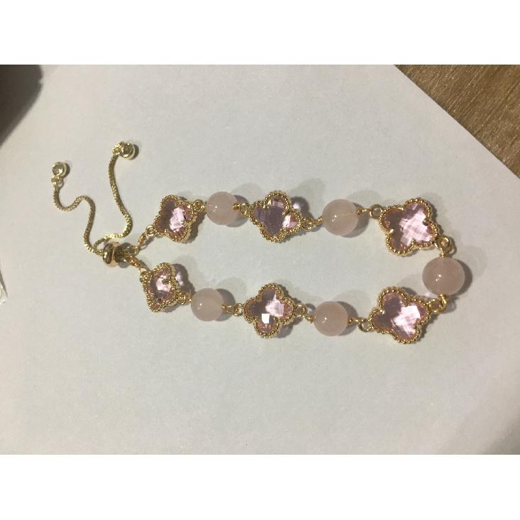 Original natural amethyst and citrine four-leaf clover alloy bracelet, Dreamland series jewelry with variety Pink crystal with gold ed