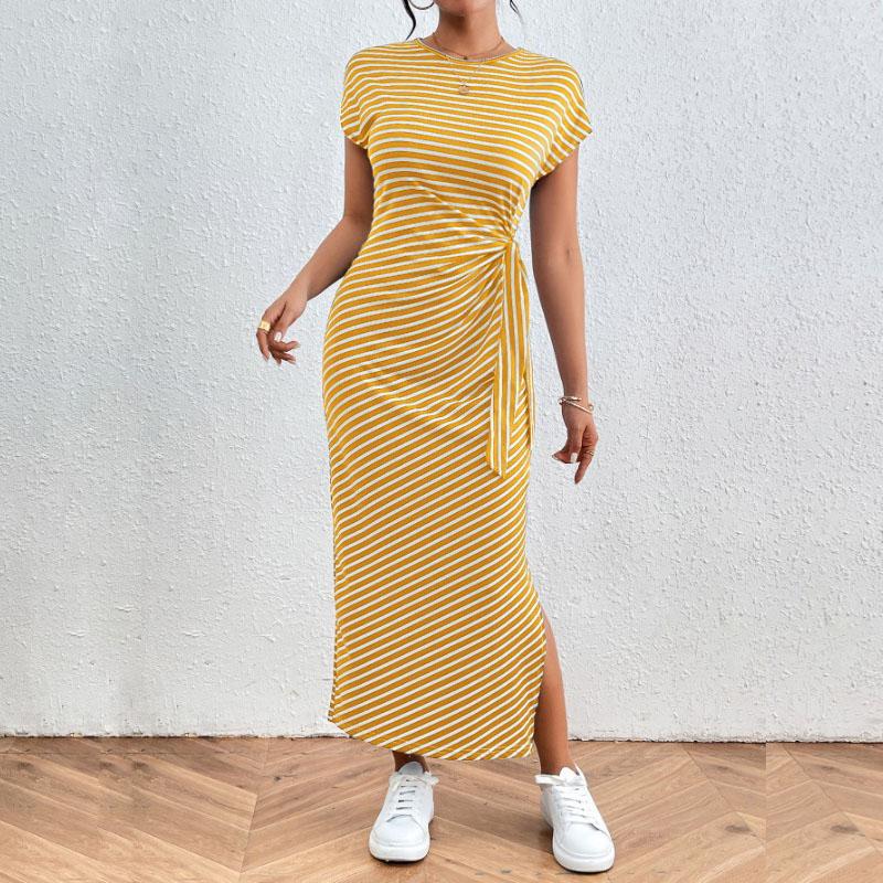 Women's Fashion Summer Spring Stripe Print O-Neck Slim Casual Dresses
