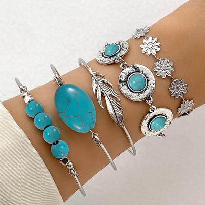 5Pcs/Set Vintage Bohemian Turquoise Inlaid Bracelets Women Ethnic Style Flower Feather Cuff Bracelet Bangles Boho Jewelry