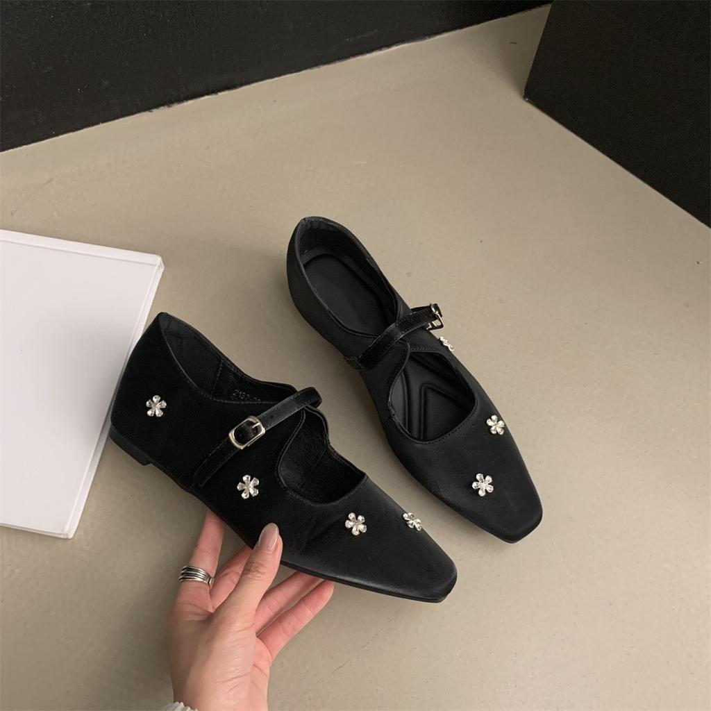 Premium sense rhinestone inner height increase small leather shoes square head buckle single shoes women's spring shallow mouth Mary Jane shoes
