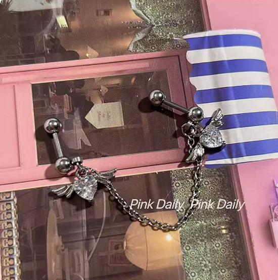 Titanium Pink Zirconia Heart Wing Chain Ear Studs - Sweet Cool Style Piercing Jewelry 1.2mm Post