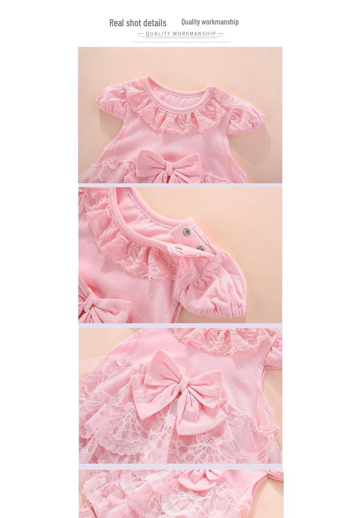 Korean Sweet Summer Multi-layer Mesh Bow Lace Neckline Cotton Baby Outfit (0-1 Year)