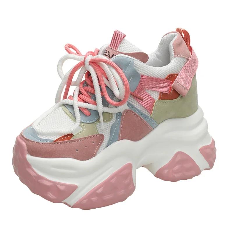 Fashion 11CM Women Mesh Chunky Sneakers 2024 Autumn High Platform Shoes Ladies New Wedges Casual Shoes Woman Sports Dad Leather Sneakers