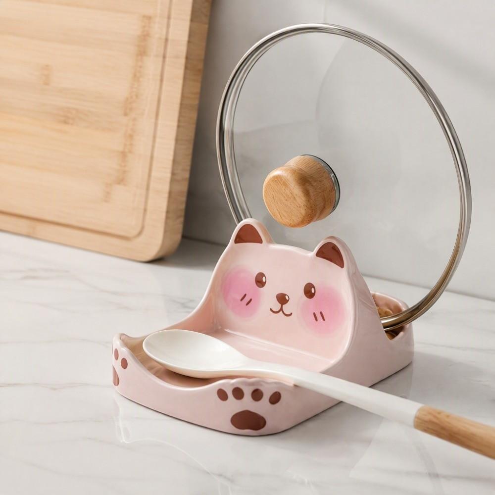 Bear Shape Ceramic Pot Lid Holder Non-Slip Cartoon Spatula Rack Space Saving Easy To Clean Cookware Holder Home Organization
