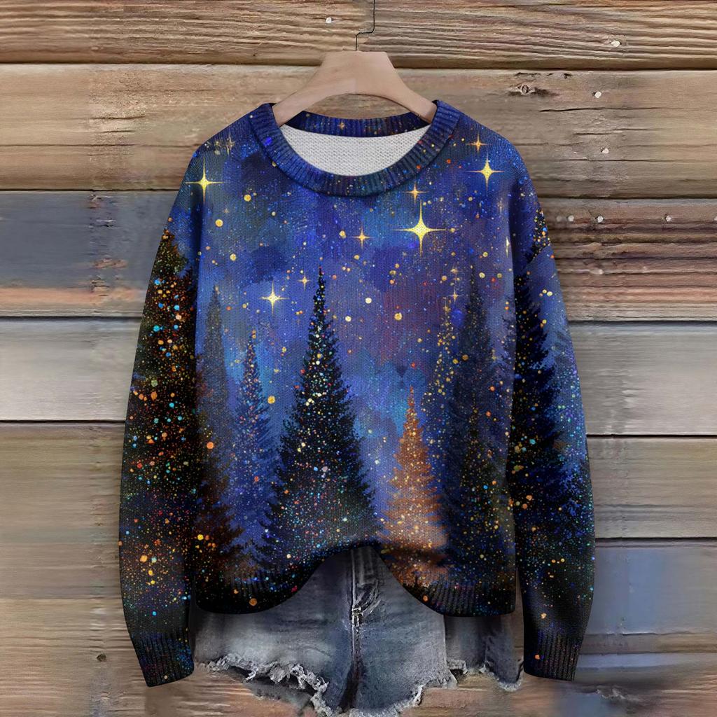 Long Sleeve Pullover Sweaters For Women O Neck Casual Cute Printing Knit Oversized Sweater