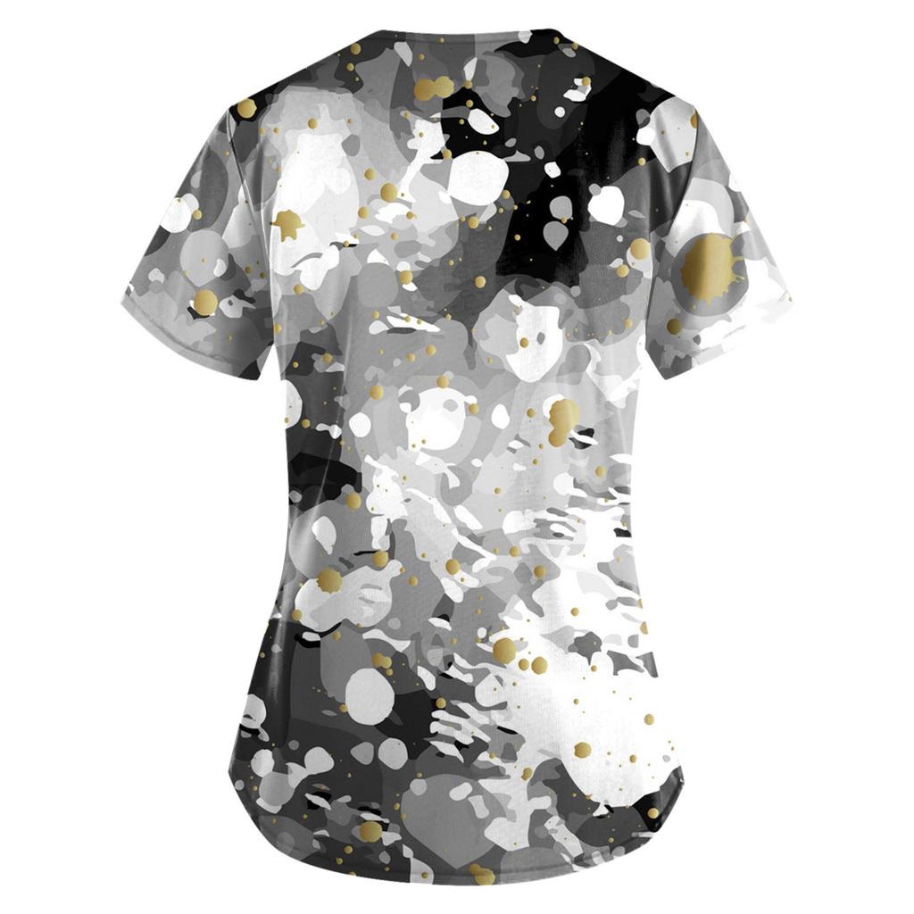 Women Fashion Spring And Summer Oil Painting Print V-neck Short Sleeve Workwear With Pockets Tops