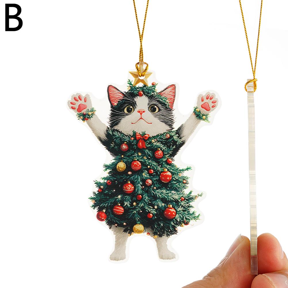 2D Christmas Tree Hanging Pendant Car Rearview Mirror Ornaments Acrylic Cat For Tree Decorations Party Supplies New Year Gifts
