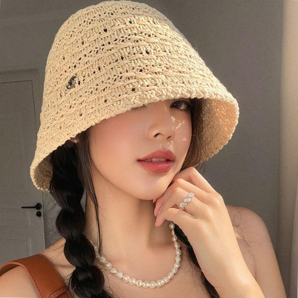 Summer Straw Sun Hat Wide Brim Beach Visor Cap Ins Straw Bucket Hat  Outdoor
