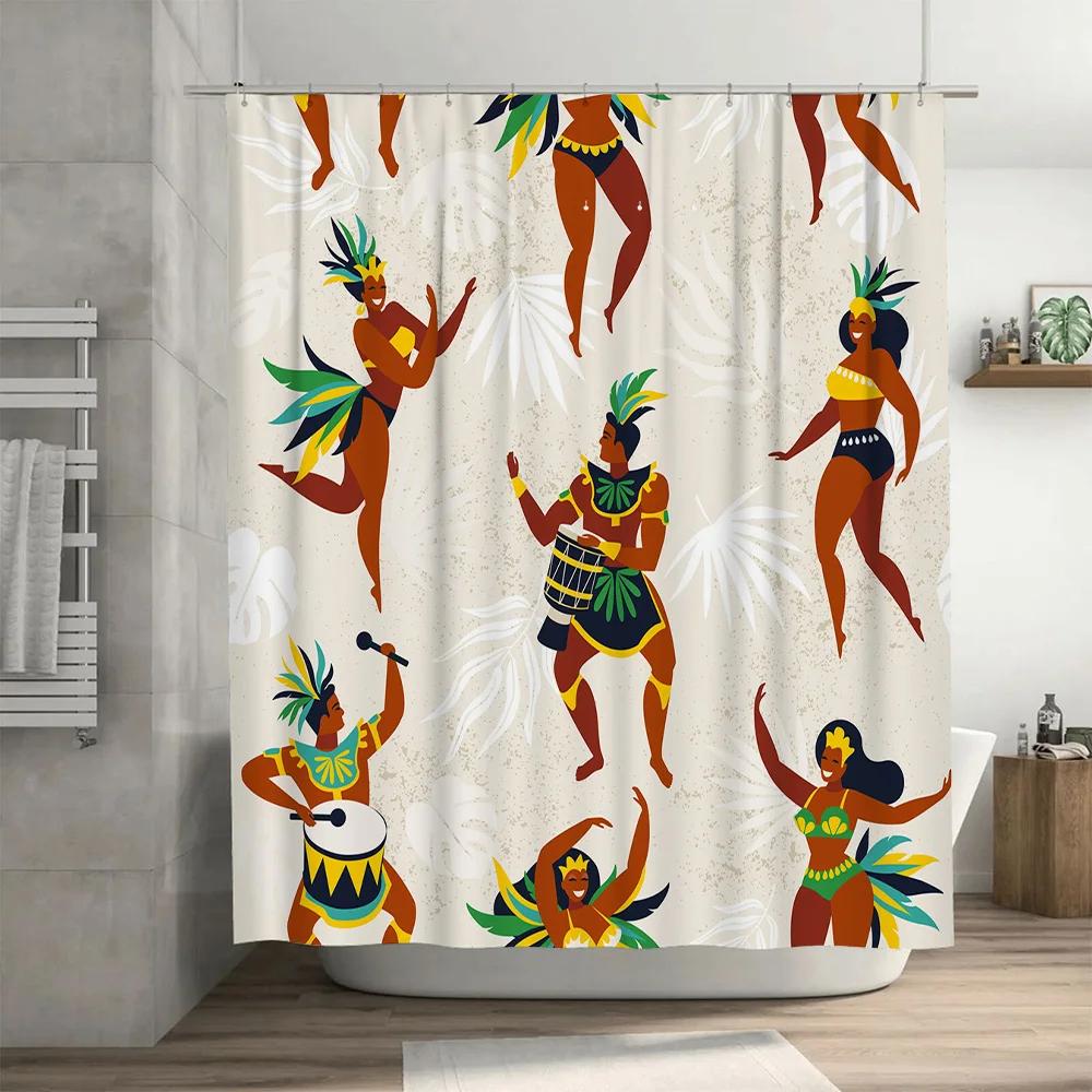 Festive Party Shower Curtain Decor Tiki Island Style with Colorful Dancing Women Pattern for Bathroom Home Decoration