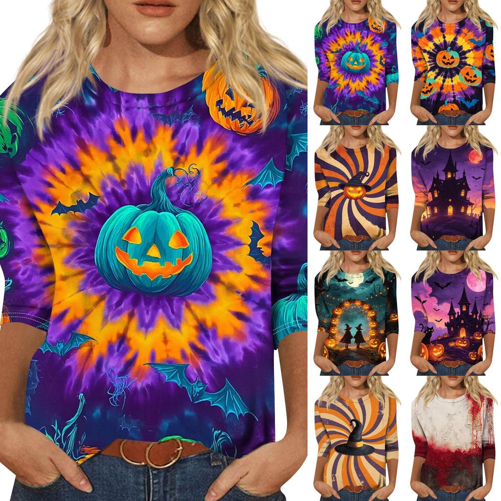 Women’s Casual Three Quarter Sleeve Crew Neck Top Tie Dye Halloween Themed Print Relaxed Fit Soft Fabric for Daily Wear