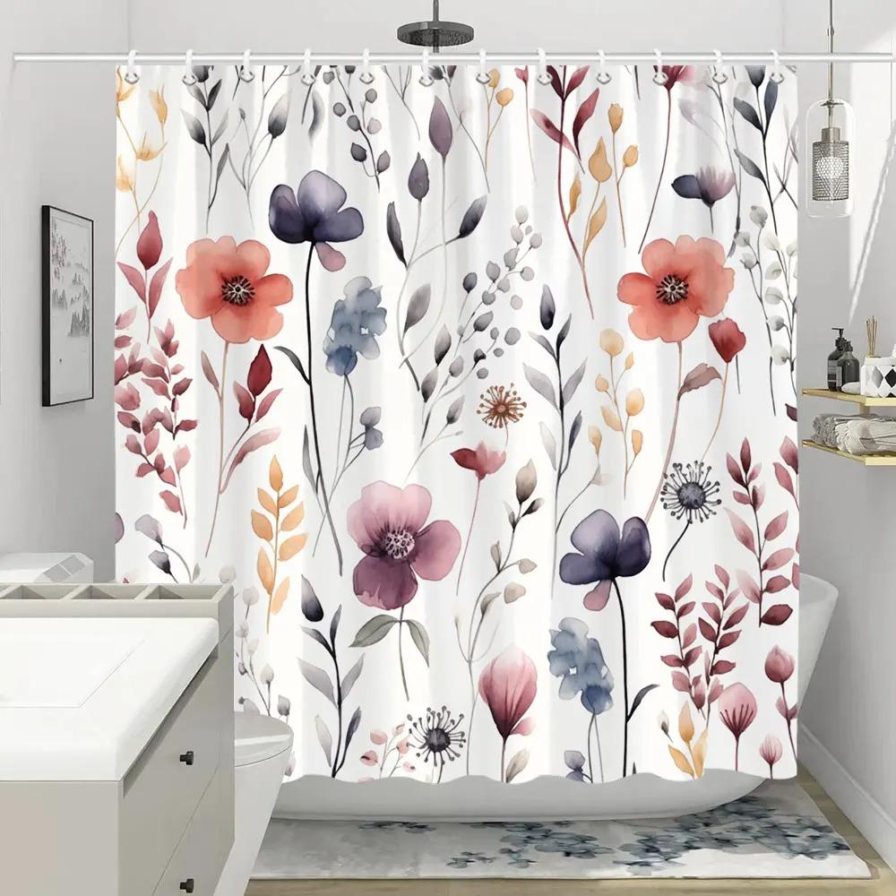 Colorful Flowers Shower Curtain for Bathroom Pink Floral Romantic Wildflower Plants Nature Scenery Decor Curtain Set with Hook