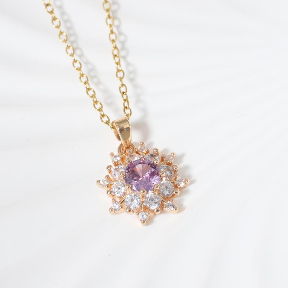 Purple Zirconia Sunburst Pendant Necklace, Golden Tone Sparkly Jewelry for Women
