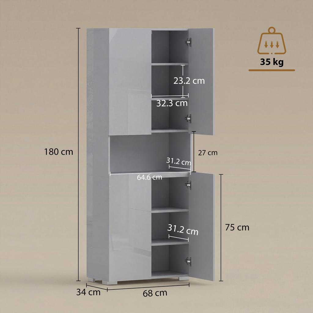 Armadio da Cucina Alto 180 cm, Dispensa con Ante a Chiusura Morbida e Ripiani Regolabili, Grigio Lucido
