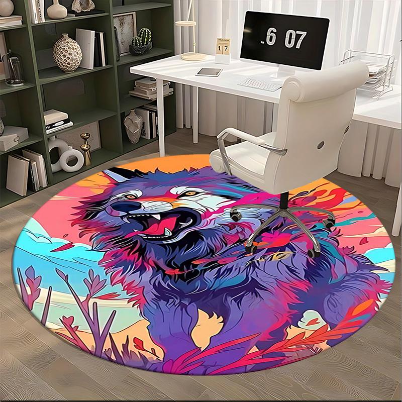 1pc Anime Wolf Round Carpet Office Chair Mat, Non Slip Rug for Home Decor, Gift, Office, Living Room, Bedroom