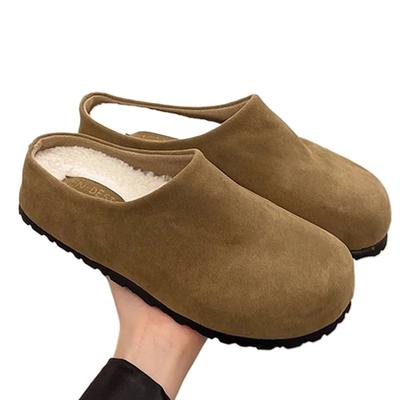 Zapatillas de mujer nuevas de moda, sandalias de zuecos de gamuza con punta cerrada y punta redonda, zapatos de otoño nuevos de color sólido retro con suela plana para mujer