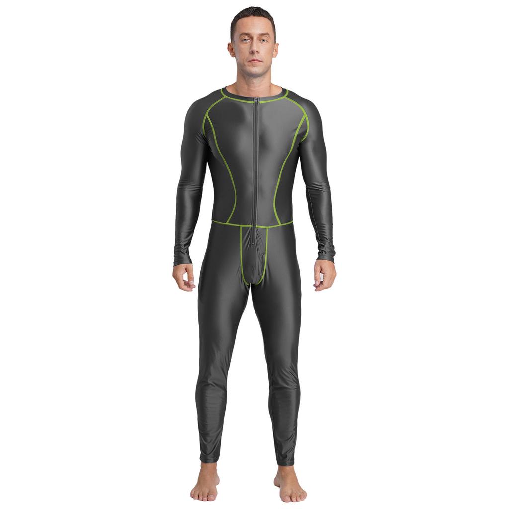 Men‘s Compression Swimwear & Gym Romper S-3XL: Shiny Long Sleeve Jumpsuit with Front Zipper, Flatlock Seams for Comfort