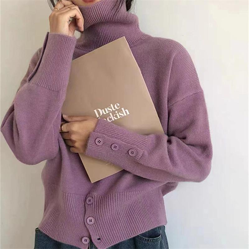 Design Sense High Waist Button Pullover Turtleneck Sweater Women's Autumn and Winter Retro Lazy Style Wear Knitted Sweater