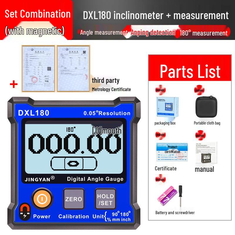 Jingyan Electronics DXL180C High-Precision Digital Inclinometer with Magnetic Spirit Level and 180° Angle Finder