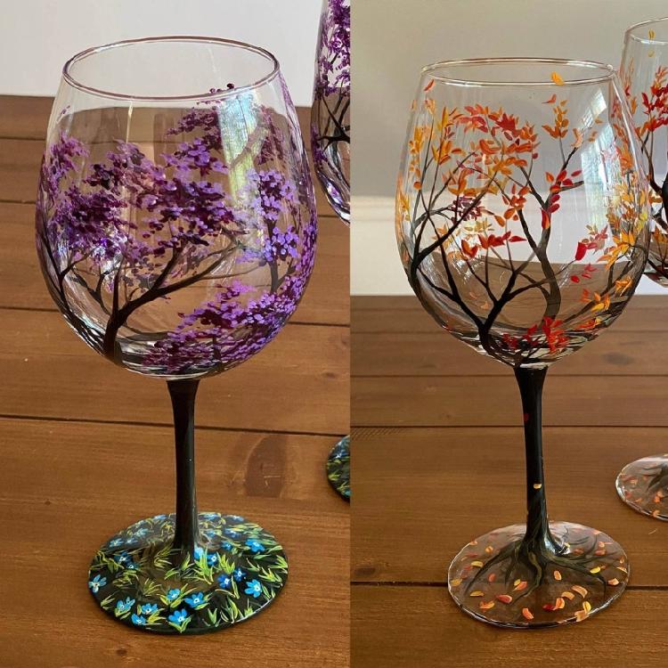 Handmade Painted Glass Wine Glasses Four Seasons Tree Goblet Gift for Friend