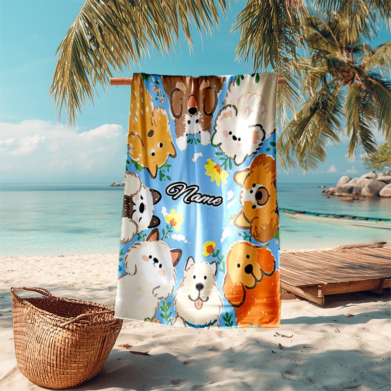 1PC Custom Name Puppy Party Blue Background Beach Towel Highly Absorbent And Sand-Resistant Towel for Swimming, Pool, Yoga, And Travel Lightweight