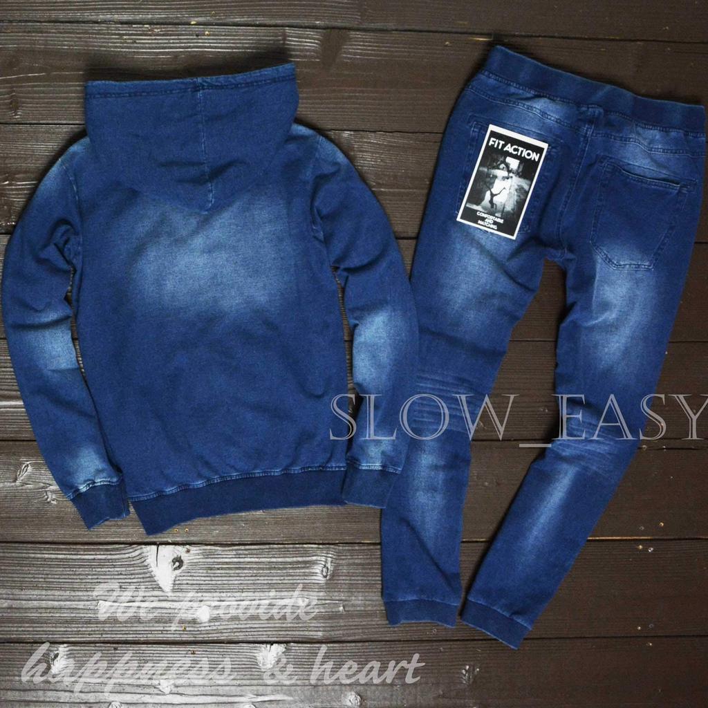 Cut Denim Set with Zip Hoodie and Jogger Pants and Sporty Top and Bottom Cut and Sewn Sweatshirt 26128 Size [slow&easy] (Casual Fashion) - Set,