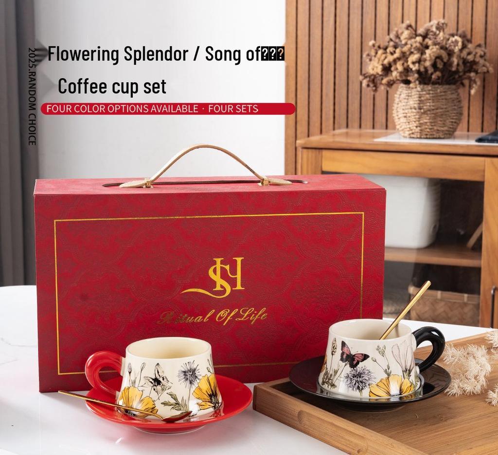 Retro Floral Ceramic Coffee Cup & Saucer Set with Gift Box - Elegant Water Cup Souvenir