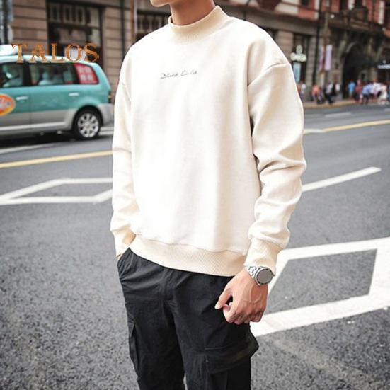 Men Spring Fall Top Double-sided Velvet Half-high Collar Loose Printing Elastic Cuffs Solid Color Loose Pullover Long Sleeves Sport School Daily