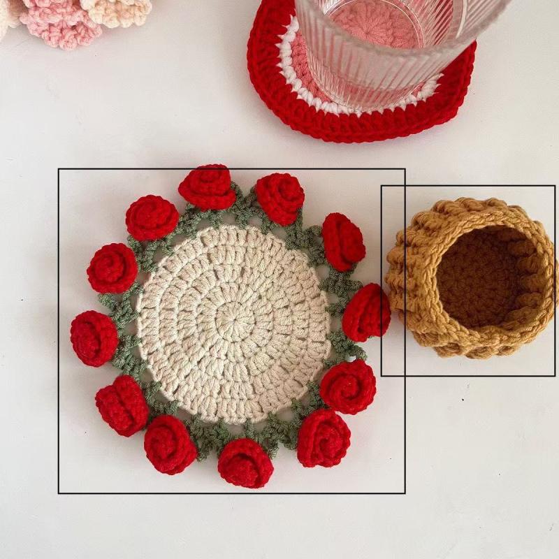 Diy Rose Bouquet Coaster Material Kit Handmade Crochet Flower Placemat Cupmat Home Desktop Potted Plant Ornaments Gift