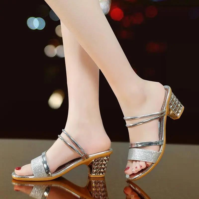 sandalias femininas women cute silver peep toe high quality anti skid square heel shoes lady fashion golden sexy sandals ab552