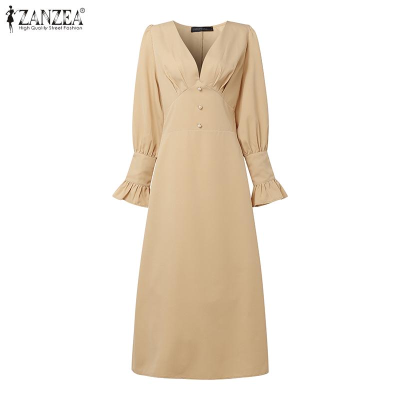 ZANZEA Damen Lässiges V-Ausschnitt Einfarbig Langarm Etuikleid