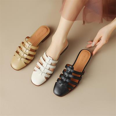 Fashion 2025 New Summer Shoes Women Square Toe Shoes for Women Split Leather Women Slippers Low Heels Mules Handmade Gladiator Shoes