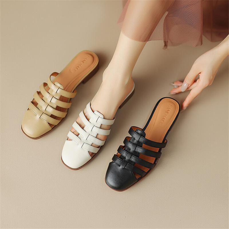 Fashion 2025 New Summer Shoes Women Square Toe Shoes for Women Split Leather Women Slippers Low Heels Mules Handmade Gladiator Shoes