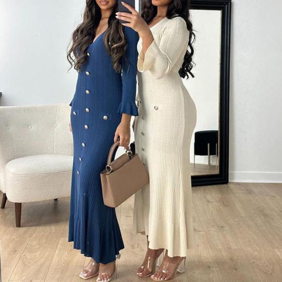 Spring Fall Women Dress Button Decor V Neck Knitted Long Sleeves Slim Fit Patchwork Fishtail Hem Solid Color Stretchy Maxi Dress