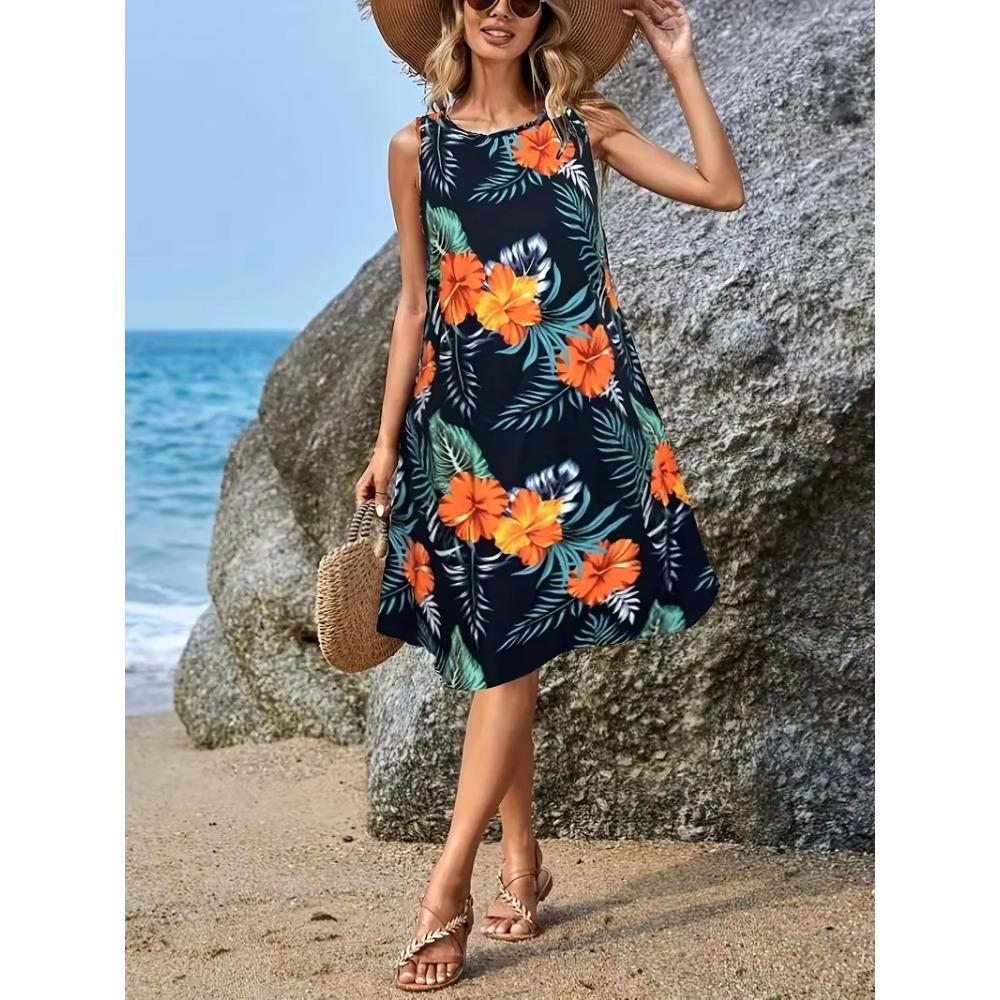Abstract Floral Print Women's Casual Sleeveless Tank Dress Summer Vacation Casual Attire Fashion Street Wear Y2k Woman Clothing