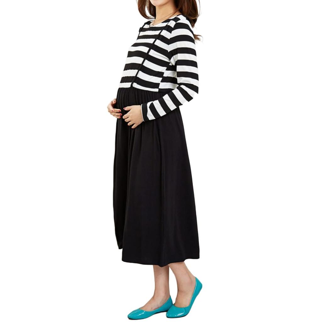 Clove Cube Maternity Dress with Nursing Striped or Long Sleeves Zipper, Opening, Print, Long, Maxi, Short, (Long Sleeves, M/Medium)