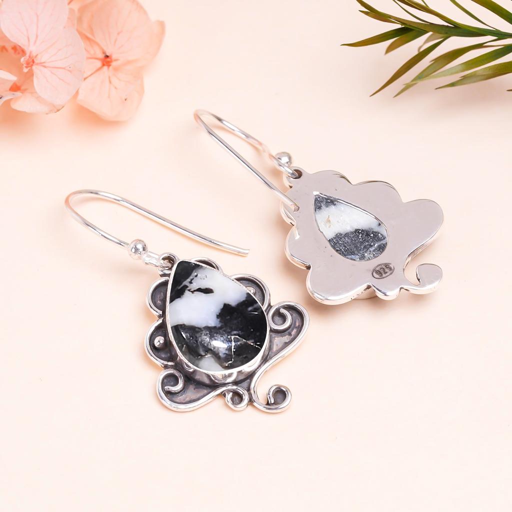 White Buffalo Turquoise - Nevada 925 Sterling Silver Earring V9833, Black & White Earring, Pear Earring, Valentin's Day Gift, Gift For Her, Birthday G