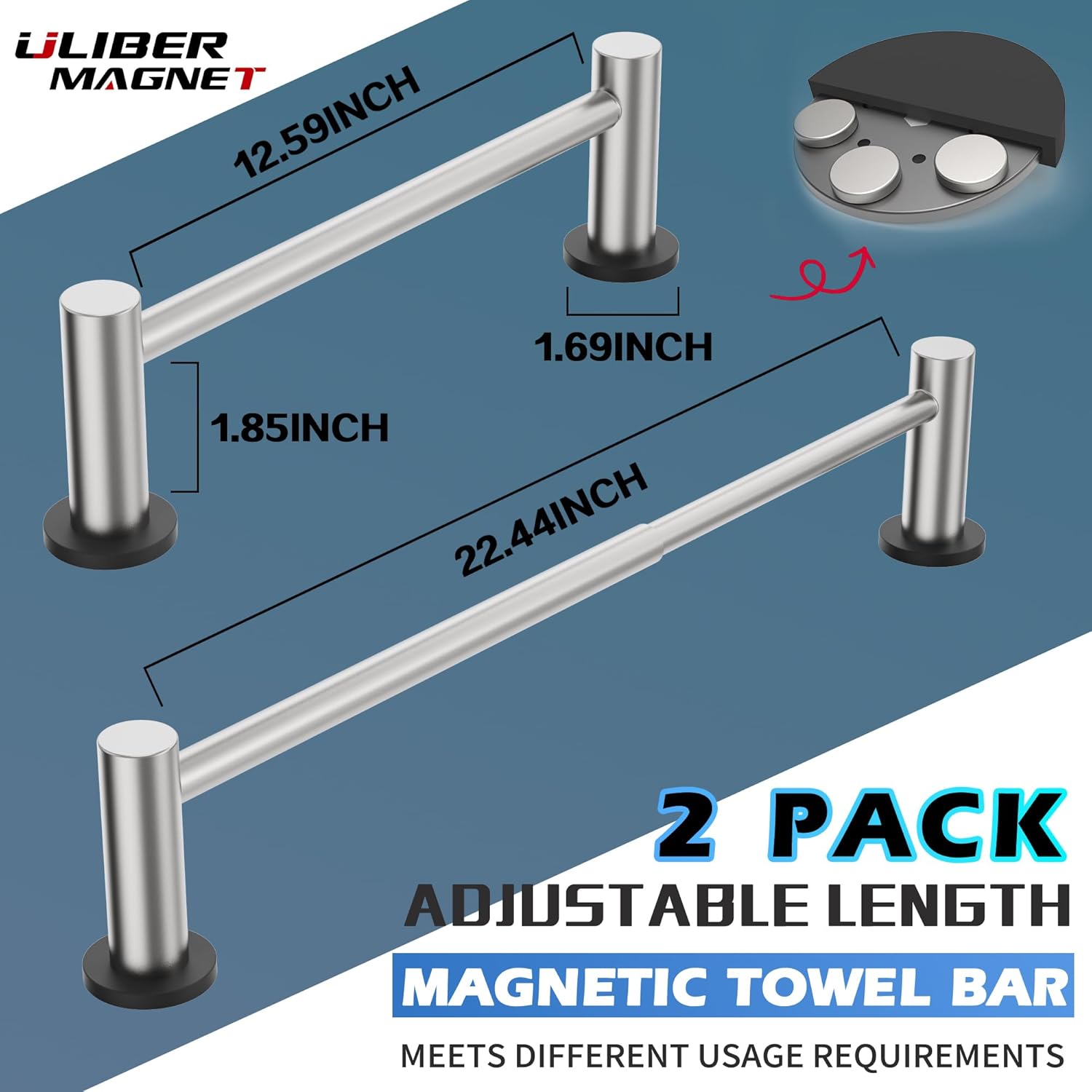 ULIBERMAGNET Magnetic Towel Holder, Magnetic Towel Rail Silver with Adjustable Length, Brushed Nickel Non-Slip Stainless Steel Towel Rail for