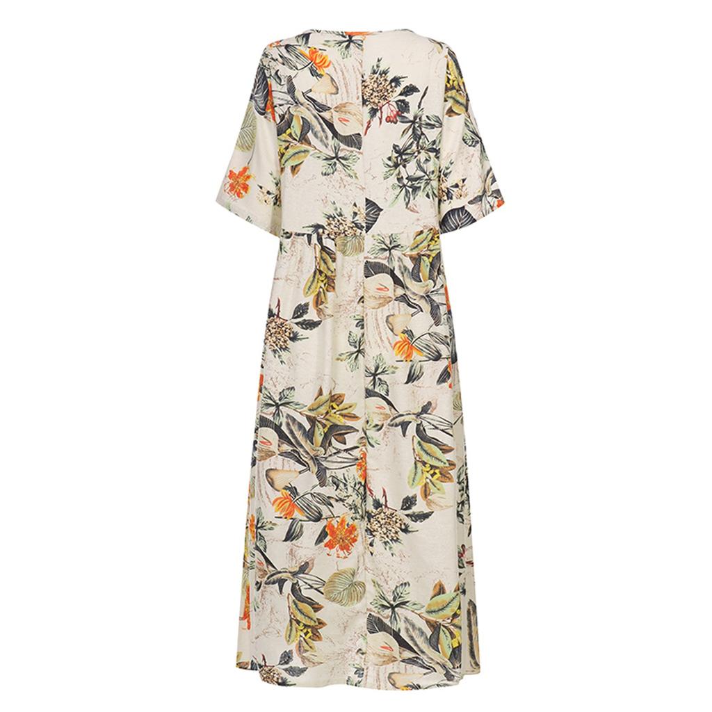 Women's Summer Round Neck 3/4 Sleeve A-Line Skirt Medium Length Printed Loose Dress